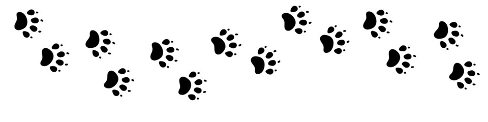 Vector paw trail of animal footprint. Dog, cat, puppy, fox, wolf tracks isolated on white background. Animal tracks in silhouette. Wild animal footsteps. © Ulyana Mo