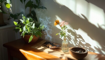 Winter meditation space with palo santo and rose aroma cozy home environment natural lighting relaxation concept