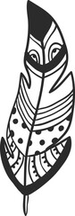 Black and white illustration featuring an intricately designed feather adorned with decorative patterns of lines, dots, and stripes, capturing a chic boho aesthetic with elegance
