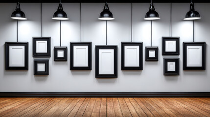 Minimal wall with black frames and soft lighting creates modern art display. empty frames invite creativity and personal expression, enhancing aesthetic of space