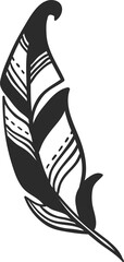 Black and white illustration of a feather with striped and dotted pattern representing lightness, freedom, and softness, ideal for boho, vintage, or nature inspired designs