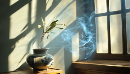 Aroma of blue incense smoke peaceful room interior atmosphere unique viewpoint serenity