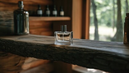 Aromatic essence of nature rustic cabin interior with perfume bottle on log shelf serene forest lifestyle scene