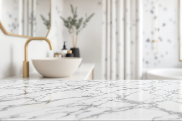 close-up of a sleek white marble countertop in a modern bathroom