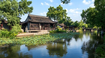 Fototapeta premium Asian village waterway scene