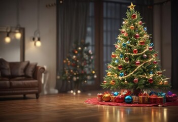 A sparkling Christmas tree, colorful ornaments reflecting twinkling lights ,  festive lights,  merry christmas,  shine