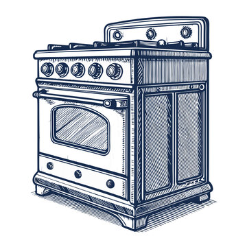 Create a vector illustration of a vintage stove oven with bold, black strokes.  Include detailed elements like knobs and burners.