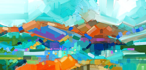 Fototapeta premium Abstract colorful oil painting and grunge texture on canvas. Semi abstract image of nature, landscape paintings background. Modern abstract art oil paintings. Contemporary art for wallpaper background
