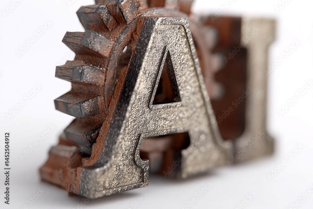 Poster close-up of rusty gears forming ai letters, showcasing industrial design and artificial intelligence
