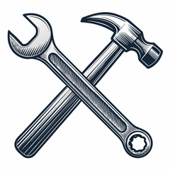 Create a bold, vector illustration of a wrench and hammer crossed, emphasizing thick, strong strokes.  Include high contrast and clean lines.