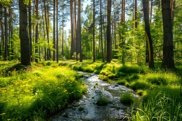 Serene Stream Flows Through Lush Forest, Bathed in Sunlight; Tranquil Nature Scene with Vibrant Greenery, Yellow Wildflowers, and Towering Trees. Peaceful, Idyllic Summer Woodland Escape.