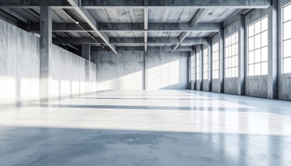 Warehouse interior: A spacious, concrete warehouse interior flooded with natural light streaming through large windows, embodying modern industrial design and architectural minimalism. 
