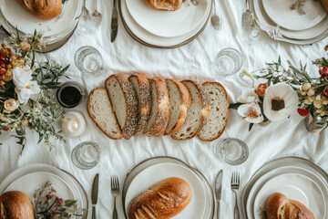 Bread and flowers on a table.