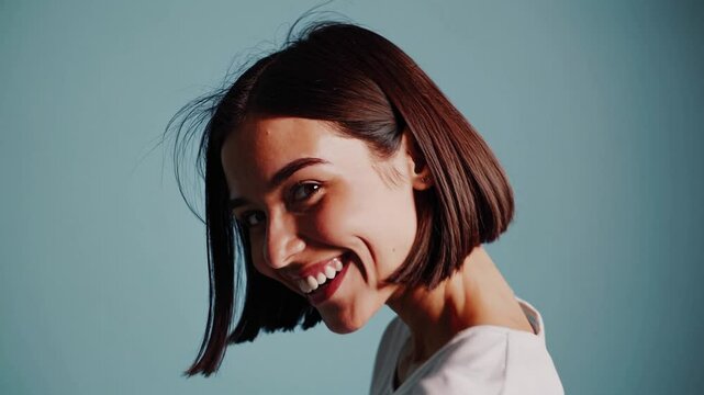 Young smiling happy cheerful fun satisfied cool woman she wearing white top shirt casual clothes looking camera isolated on plain pastel light blue cyan background studio portrait. Lifestyle concept
