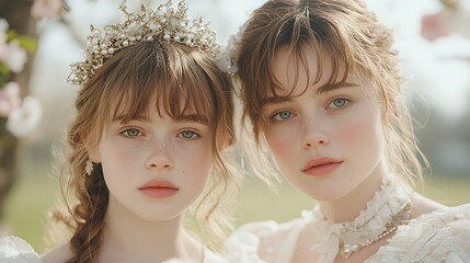 Elegant portrait of twin sisters in nature outdoor photography soft light close-up