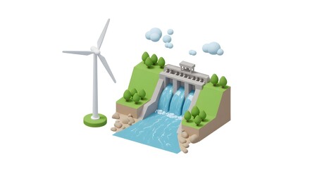 Windmill Dam River - Low Poly Energy Generation