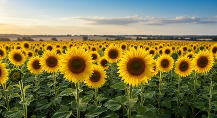 Fototapeta premium Vibrant Yellow Sunflower Field at Sunset