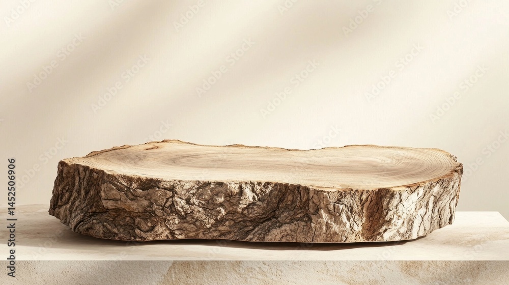 Poster a large wooden slab with a rough bark exterior rests on a smooth surface. the warm tones of the wood