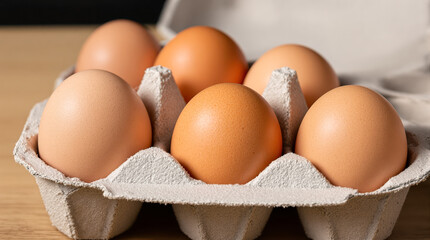 five fresh brown eggs in a cardboard carton