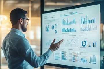 Manager presents data analysis and benefits to corporate team during business meeting