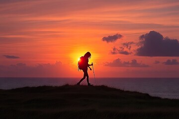 Obraz premium Silhouette of a hiker at sunset