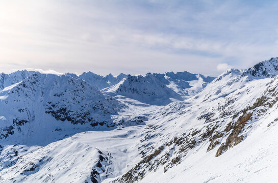 View of the Swiss Lepontine Alps near Sedrun during a ski tour to Piz Pazzola