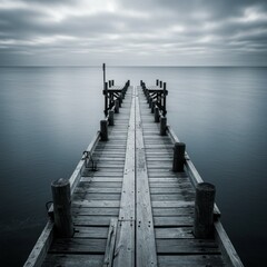 Fototapeta premium Weathered Wooden Pier Extending to Calm Ocean under Cloudy Sky