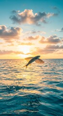 Flying Fish Soaring Over Ocean at Sunset