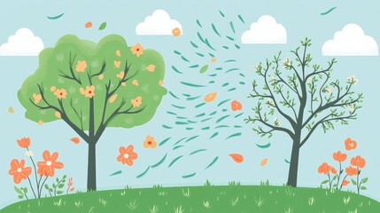 Flat animated illustration of trees and flowers reacting to wind with UI elements showing breeze intensity