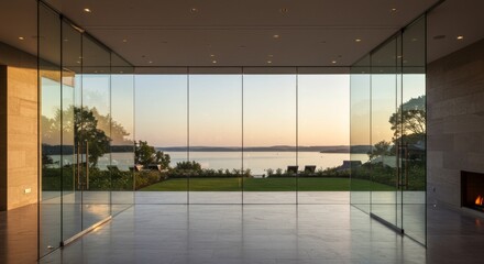 Fototapeta premium Modern House Interior with Glass Walls and Sunset View
