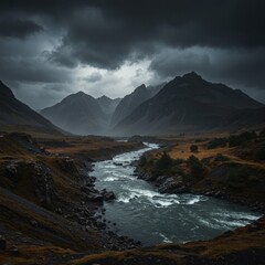 Dark Moody River Landscape with Stormy Clouds and Mountains