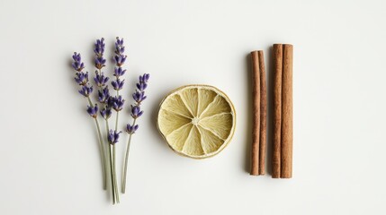 flat lay of a dried lime slice, cinnamon stick, and lavender sprig arranged artfully on white background, 