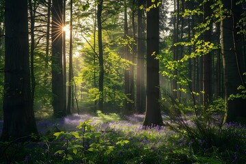Obraz premium Sunbeams Illuminate Mystical Forest Floor, Bluebells Carpet the Earth in a Breathtaking Spring Sunrise, Nature's Tranquility Unveiled in Serene Woodland Scene, Lush Greens and Purple Hues.