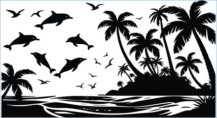Tropical Paradise Silhouette With Dolphins Palm Trees And Birds Black And White Vector Design