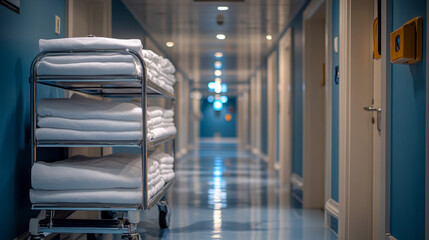 Obraz premium Hospital corridor with towel cart in a clean, blue environment 