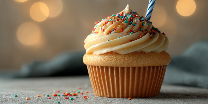 Vanilla cupcake with buttercream frosting and sprinkles, a single candle, bokeh background, showcasing festive dessert for birthday celebrations