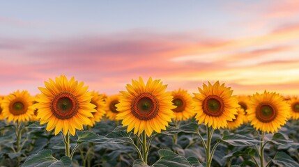 Fototapeta premium Vibrant Sunflowers Blooming Under Colorful Sunset Sky at Dusk