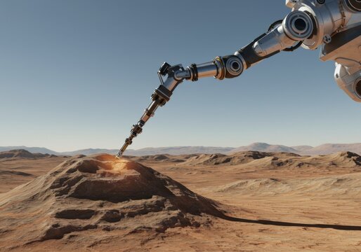 Robotic Arm on Arid Landscape Under Bright Sunlight