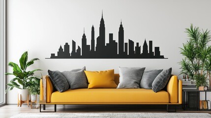 Minimalist skyline silhouette sticker on a living room wall