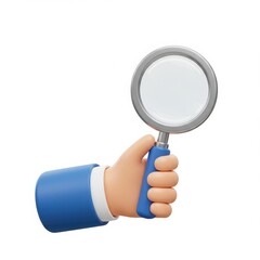 Hand holding a magnifying glass isolated on white background