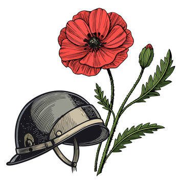 red poppy flower and military helmet clip art preview