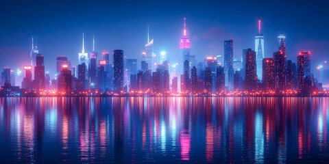 Fototapeta premium City skyline illuminated by vibrant lights at night with reflections on water
