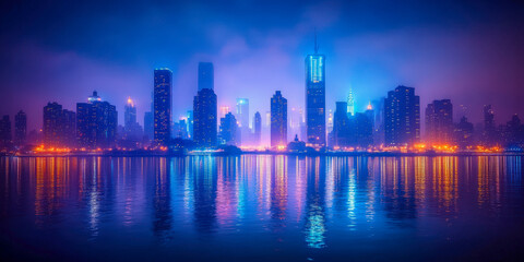 Fototapeta premium Vibrant cityscape with glowing skyline and tranquil reflections during twilight near the waterfront