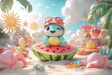 Fototapeta premium Cute cartoon turtle with watermelon slice, chubby and smiling, surrounded by tropical beach items. Concept of cheerful turtle with watermelon, playful summer vibe.