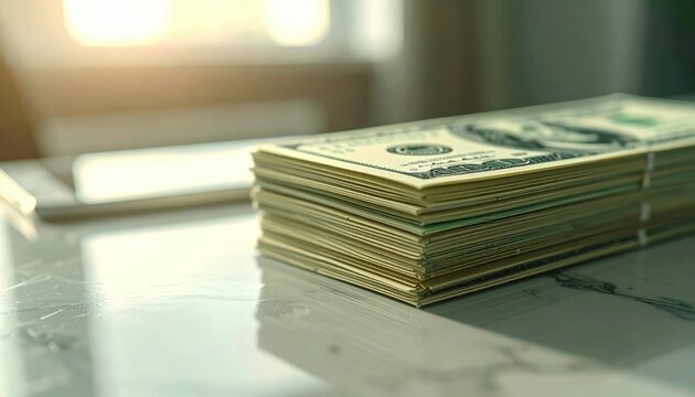 Wealth's Subtle Display: A stack of United States hundred dollar bills rests in a sunlit interior, symbolizing financial prosperity, economic stability, and the accumulation of wealth.