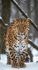 Naklejka premium Majestic Snow Leopard in Winter Forest