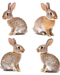 Obraz premium Four Brown Rabbits in Different Poses on White Background