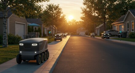 Obraz premium Autonomous Delivery Robots on Suburban Street at Sunset