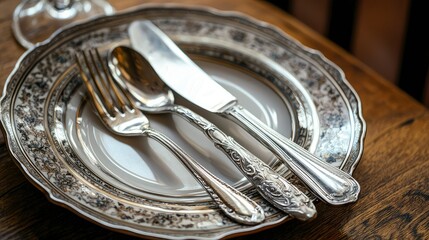 A close-up of an antique silver fork, knife, and spoon resting on a delicate porcelain plate, set against a rich wood table.