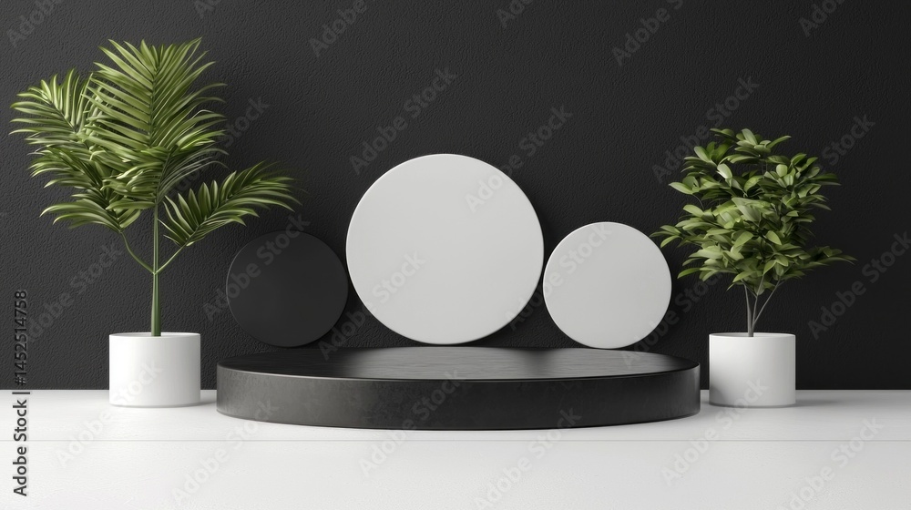 Poster a stylish studio space showcases a round black platform surrounded by white and black circular shape